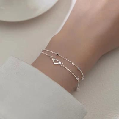 S925 Silver-Plated Heart & Beads Double-Layer Bracelet for Women