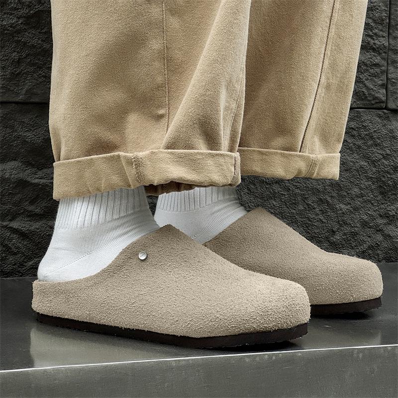 Boken Shoes Men's Foot Cover Summer Breathable Half Drag Outer Wear Leather Slippers 45370 Long Hair beige-Y