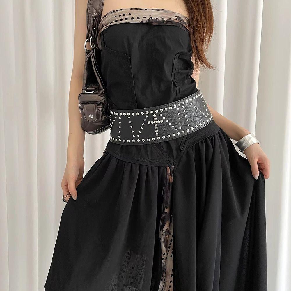 Wide Leather Waist Belt Vintage Women's Dress Belt Retro Cross Rivet Belt  Streetwear