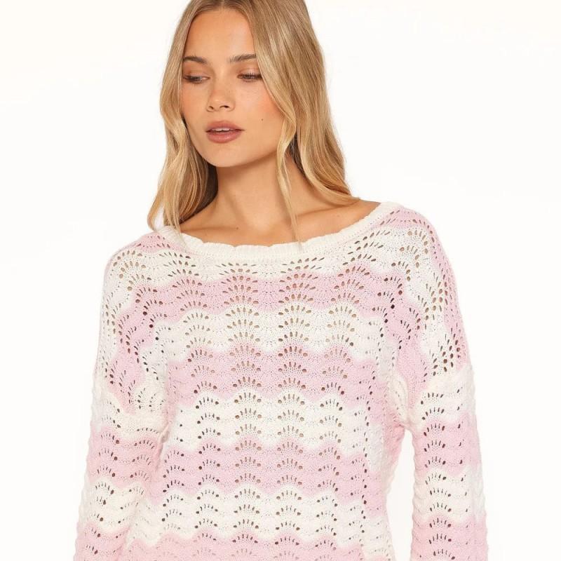 Womens Pink White Gradient Knit Sweater One Shoulder Flared Sleeve Pure Style Loose Fit