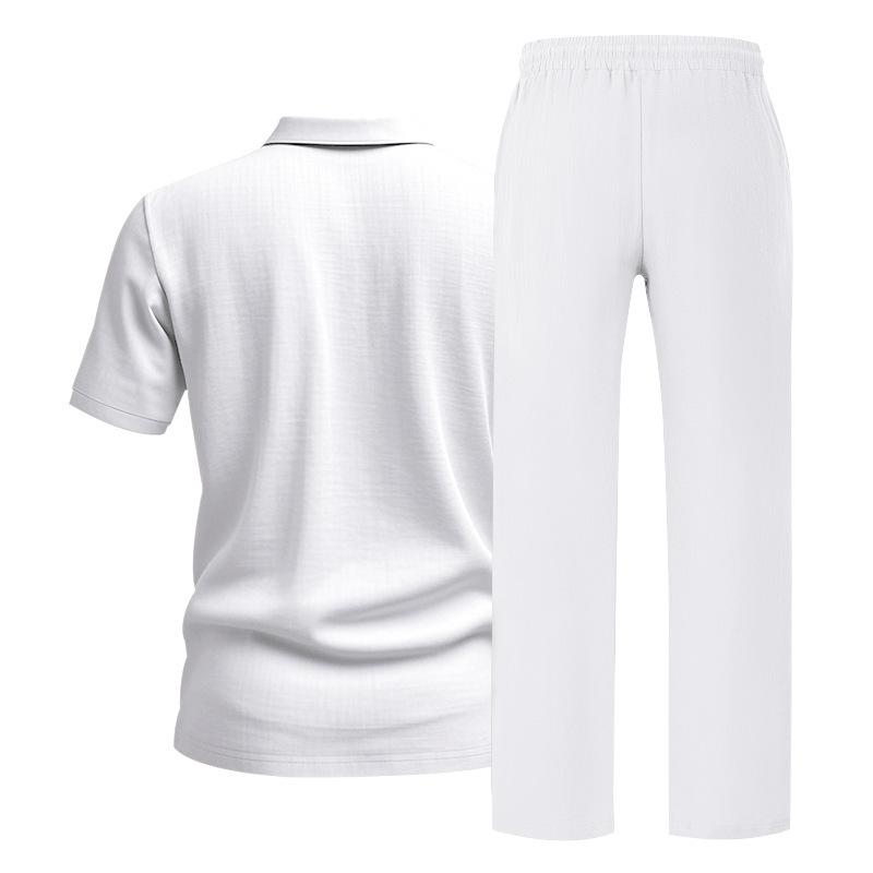 Men's European & American Linen Beach Set: Short-Sleeve Polo Shirt & Long Pants