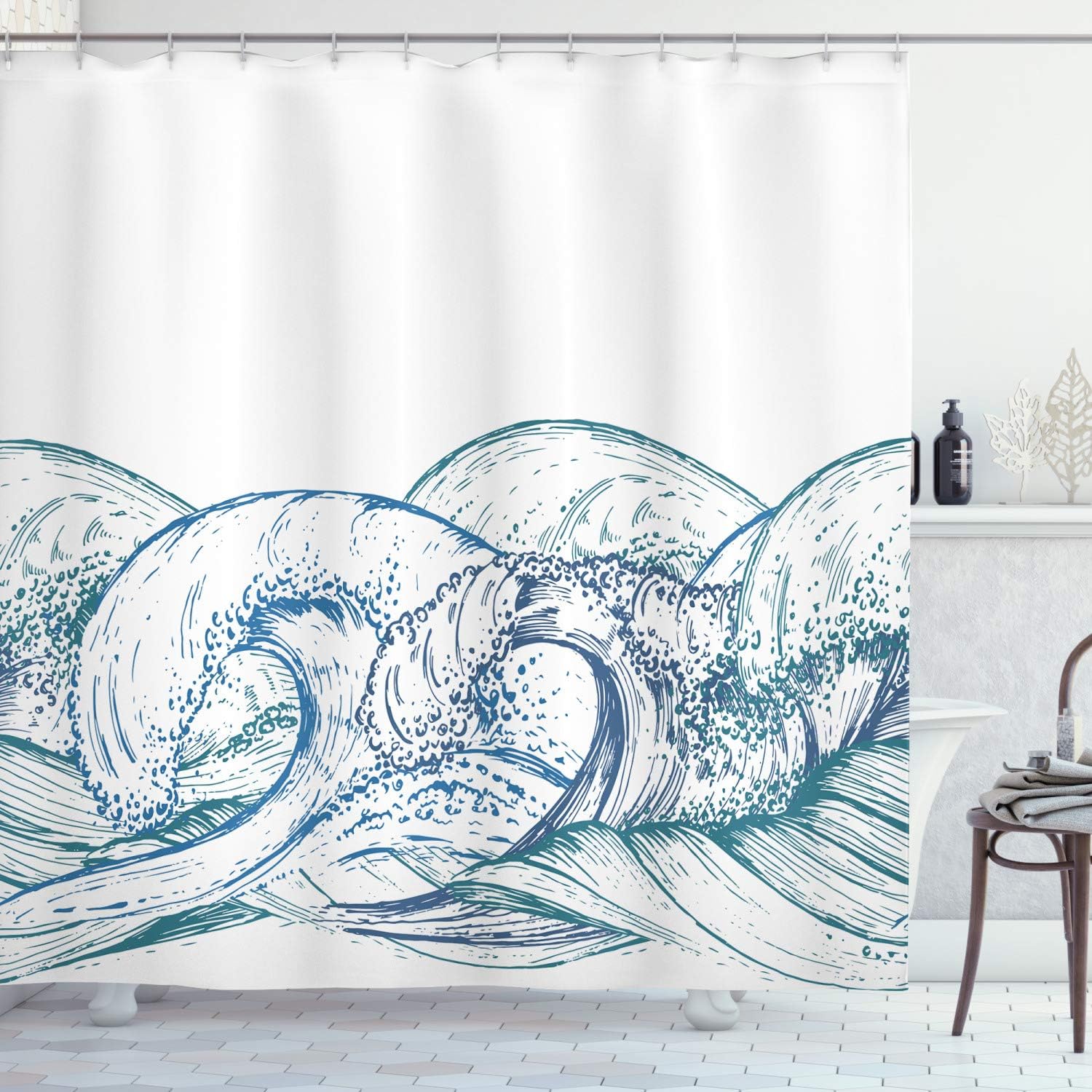 

Шторка для душа с волнистым узором, морской дизайн, синяя акварель, морская тематика, декор для ванной, водонепроницаемая ткань, прибрежный стиль, дом 90x180cm35x71in