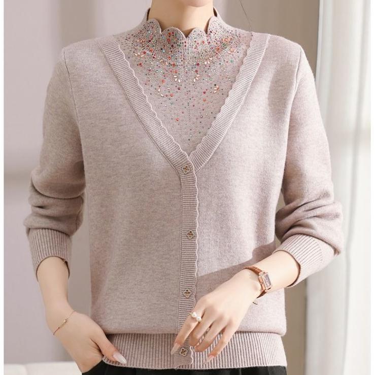 Women's Fleece Sweater Thick Loose Fake Two-Piece Knitted Pullover Sweater Rhinestone Soft Warm Flocked Knit Top Autumn Winter