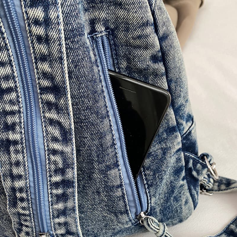 Washed denim backpack women go out small backpack