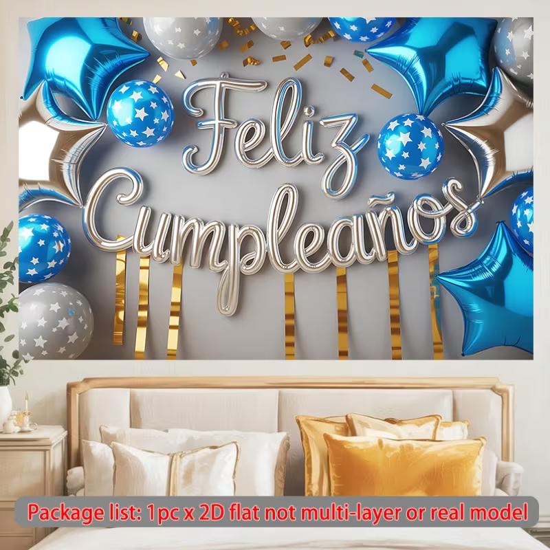 2D Feliz Cumpleaños Banner, Blue Silver Star Balloon Background for Birthday Celebration