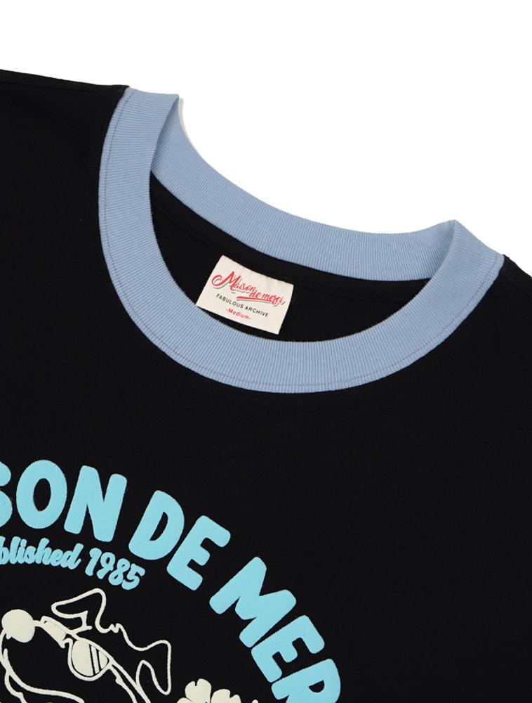 LA MAISON STUDIO Unisex Oversized Puppy Surfing Ringer Short Sleeve T-Shirt Black Blue (Fce2Ts401M)