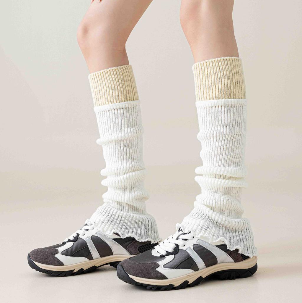 Color-Blocked Sock Covers Stacked Warm Knitted Calf Socks Gray Gray White Leg Cover Flared Sheath