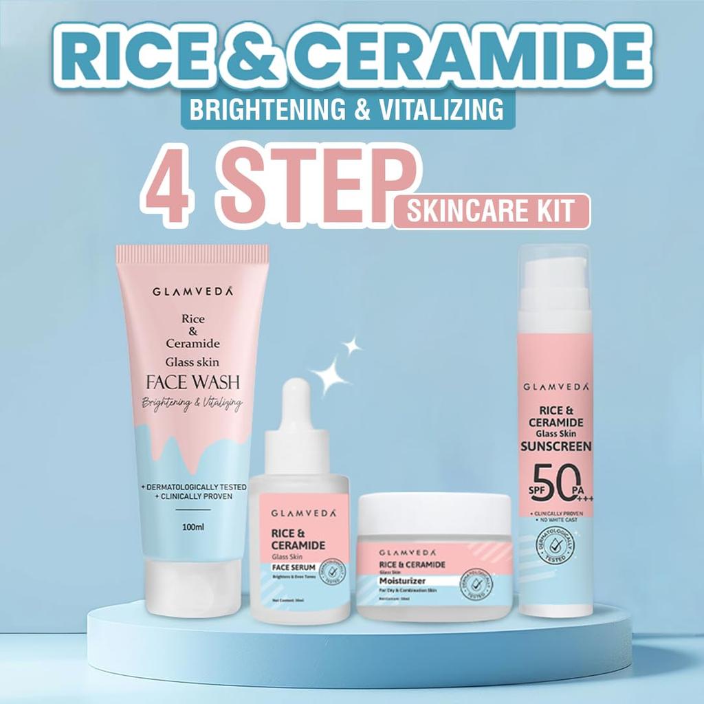 Glamveda Rice & Ceramide 4 Step Skincare Kit | Face Wash, Moisturizer, Face Serum & SPF 50 PA++ Sunscreen | Hydrating, Barrier Repair & Glass Glo