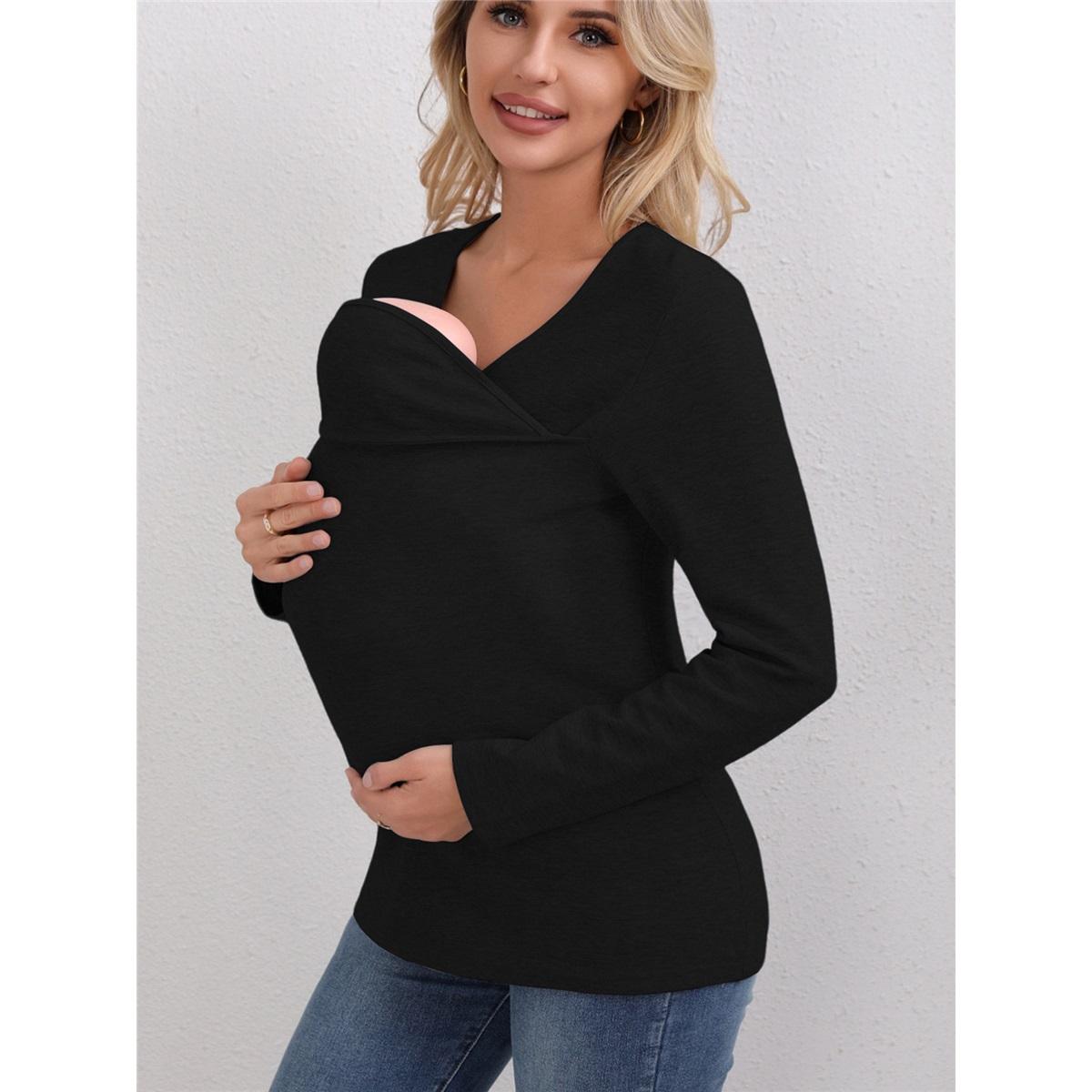 

Women s T-shirt long-sleeved V-neck pure cotton thickened Kangaroo mother multifunctional T-shirt M чорний