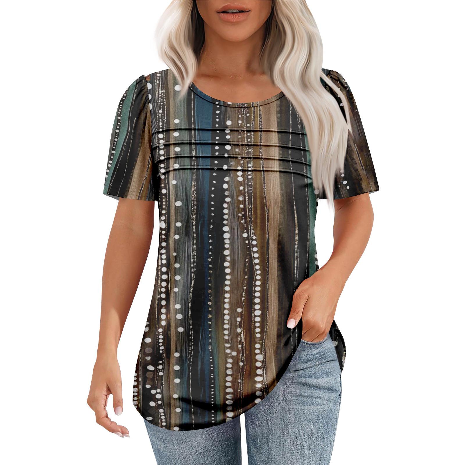 

Женская модная рубашка с круглым вырезом и короткими рукавами в складку L чёрный