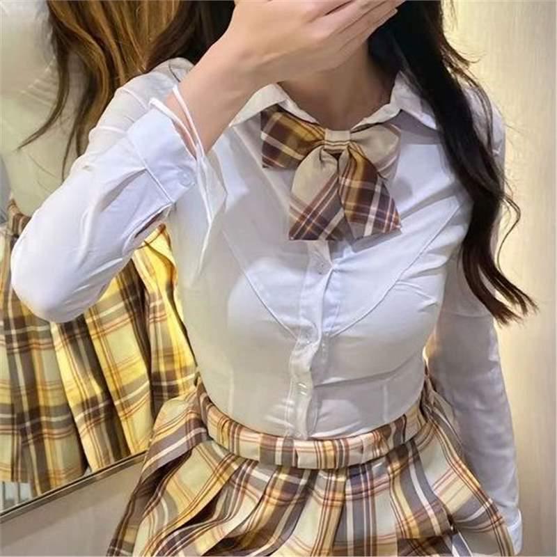 Full JK Uniform & Skirt: Pure Desire Hot Girl Waist-Hugging Shirt with Academy Style Plaid Pleated Skirt.