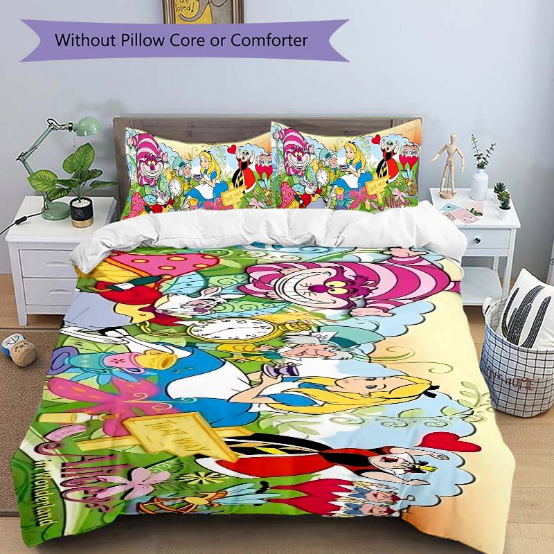 Alice Wonderland Adventure Printed 3pcs Bedding Set Soft Microfiber 1 Duvet Cover And 2 Pillowcases Home Bedroom Decor Xmas Gift K1863