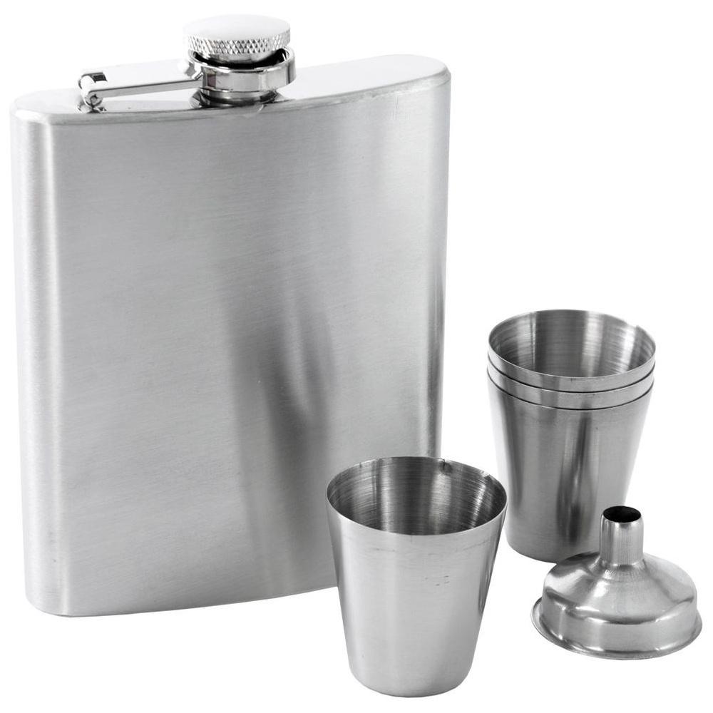 Steel hip flask with funnel and glasses, 6 pieces.