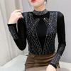 Spring Autumn European Leopard Clothes T-Shirt Elegant Women Stand Neck Shiny Hot Diamonds Tops Fashion Long Sleeve Slim Mesh Tees