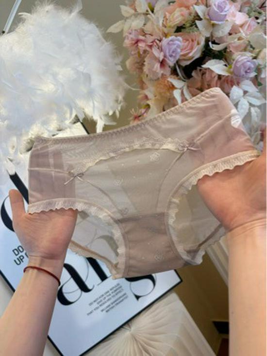 New Sexy Black Mesh Lace Mid-Rise Hip-Hugging Triangle Briefs with Mulberry Silk Crotch for Women