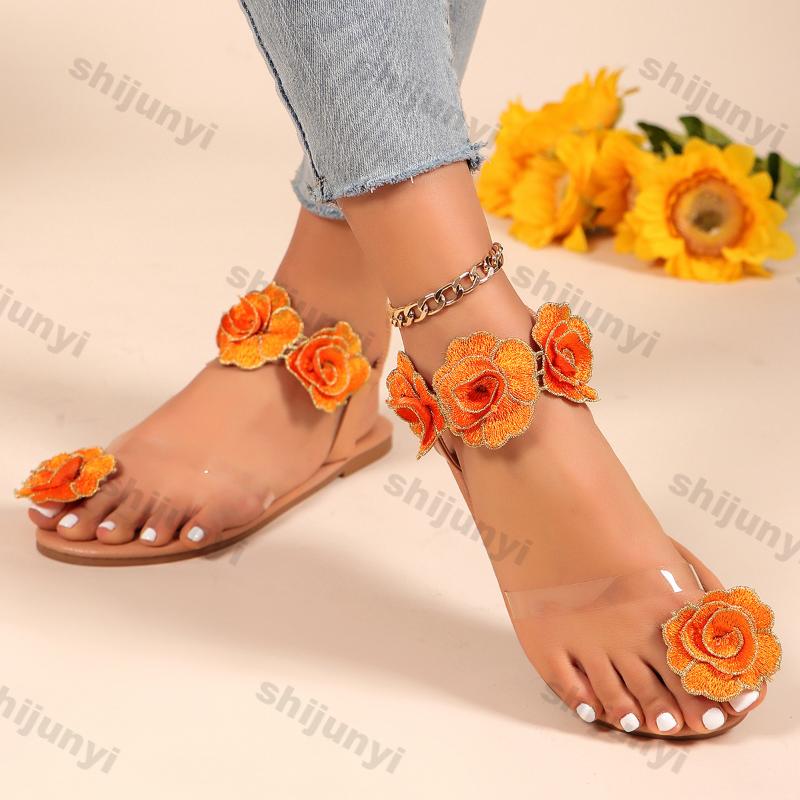 Fashion Women Flowers Roman Sandals 2025 Summer New Luxury Design Breathable Shoes Women Casual Fashion Bohemian Flats Beach Sandals
