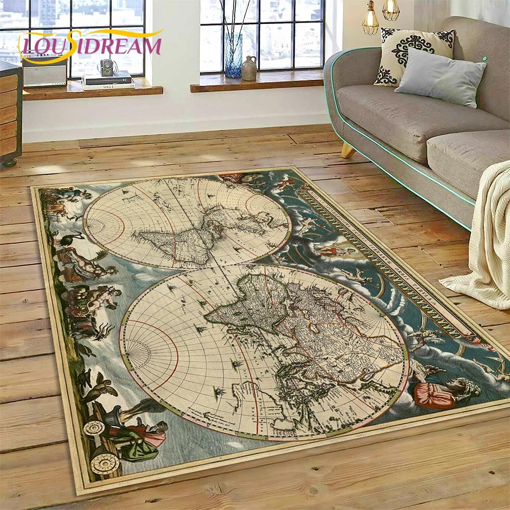 3D Starověká námořní mapa Mapa světa Kompas Koberec Kobereček do ložnice Obývacího pokoje Dekorace pohovky, Dětská hra Velká dekorační podložka na podlahu