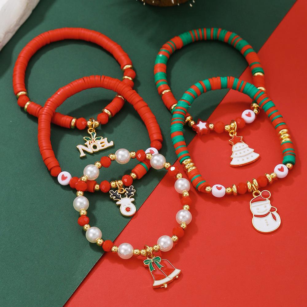 Christmas Charm Bracelet Set: Santa, Reindeer & Bell Beaded Pearl Polymer Clay Design