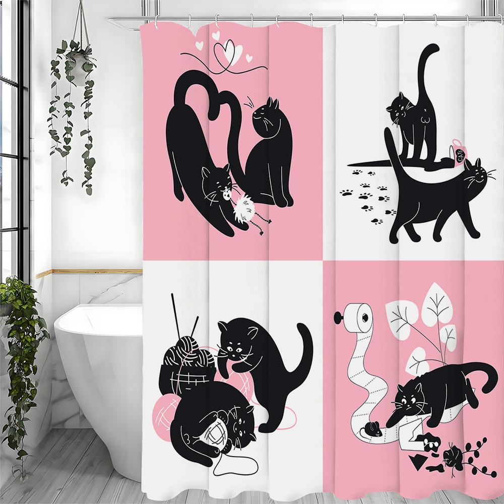 Square Cat Is Playing Shower Curtain Washable Dirt-Resistant Shower Head Waterproof Polyester Bath Curtain For Home Decor