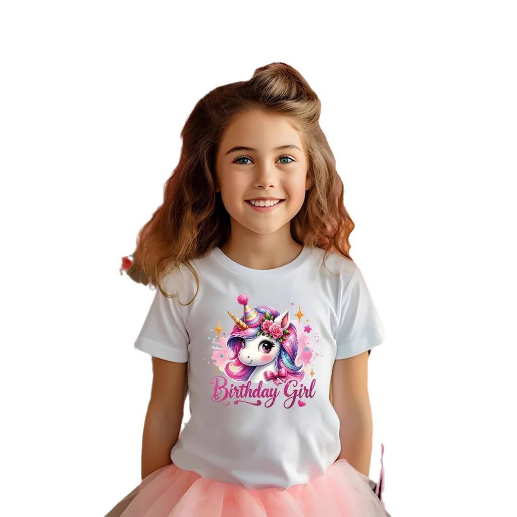 GIRL's BIRTHDAY GIRL Unicorn Print Round Neck Short Sleeve T-shirt Summer Kids Casual T-shirt