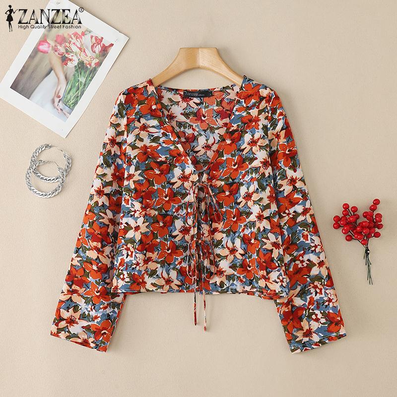ZANZEA Damen Freizeit Schnürung V-Ausschnitt Langarm Blumenmuster Strickjacke Bluse