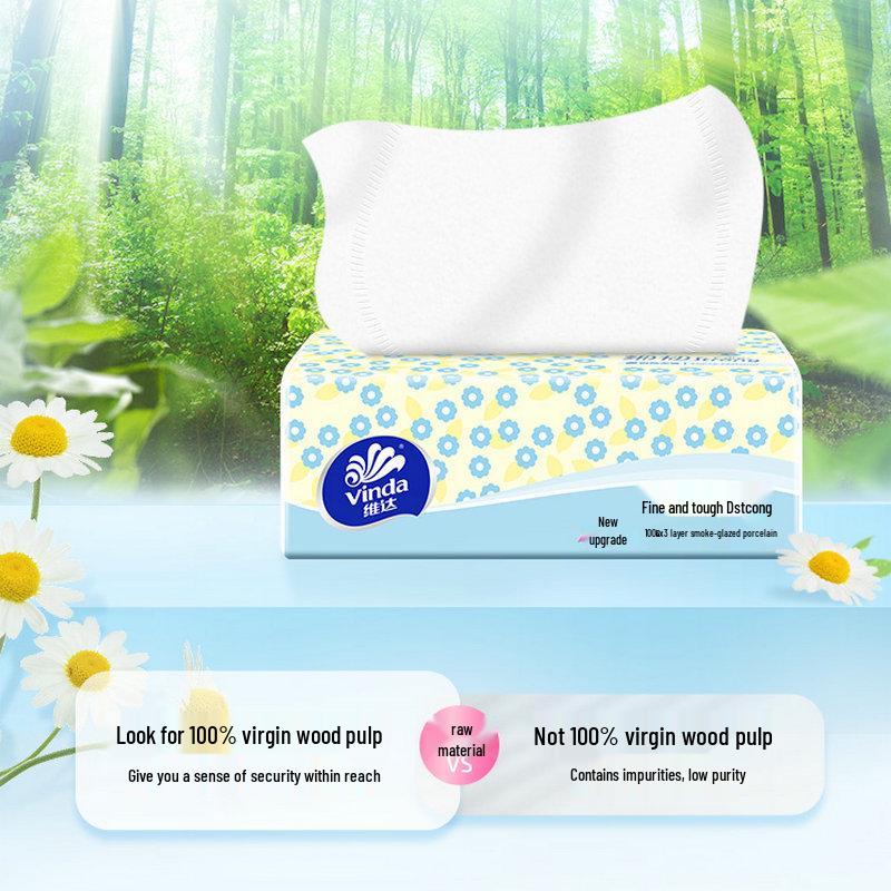 Vinda 3-Ply Fragrance-Free Facial Tissue: 8 Packs of 100 Sheets, Fine & Durable.