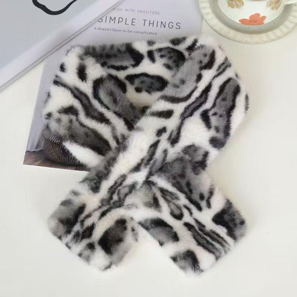 Korean Style Thicken Warm Leopard Print Scarf Windproof Soft Scarf Faux Rabbit Fur Faux Collar Faux Fur Scarf Women's Wear