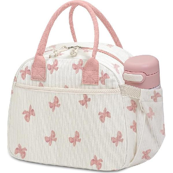 

Lunch Box for Women, Insulated Lunch Bag Cute Corduroy Lunchbox Reusable Tote Bags for Work (beige corduroy) bow pink