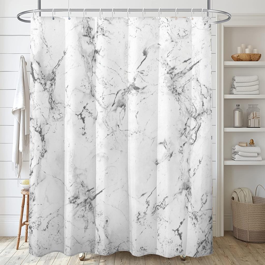 Elegant White Marble Print Shower Curtain with Hooks Polyester Minimalist Bathroom Decor Machine Washable