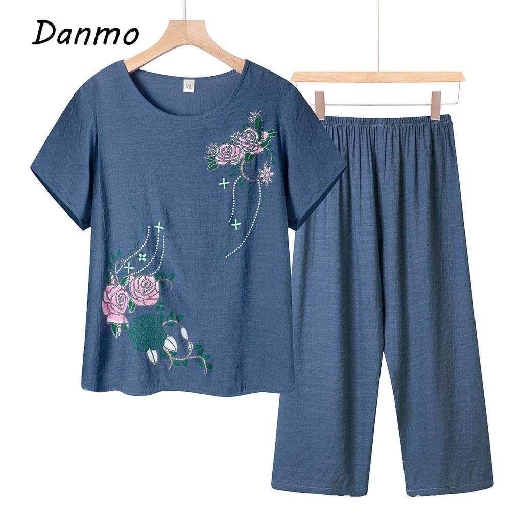 Women Short Sleeve T-shirt Top Pants Floral Print Loose Loungewear Home Outfit Women's Clothing