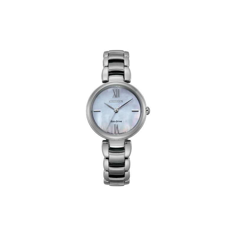

CITIZEN Eco-Drive Series Fashionable Mother-of-Pearl Sapphire Mirror Optical Quartz Steel Strap Women s Watch Blue Dial EM0530-81Y синій
