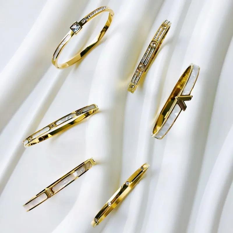 New Design Stainless Steel Zircon Inlaid Bracelets & Bangles for Women Gold Silver Color Waterproof Luxury Brand Jewelry Gifts