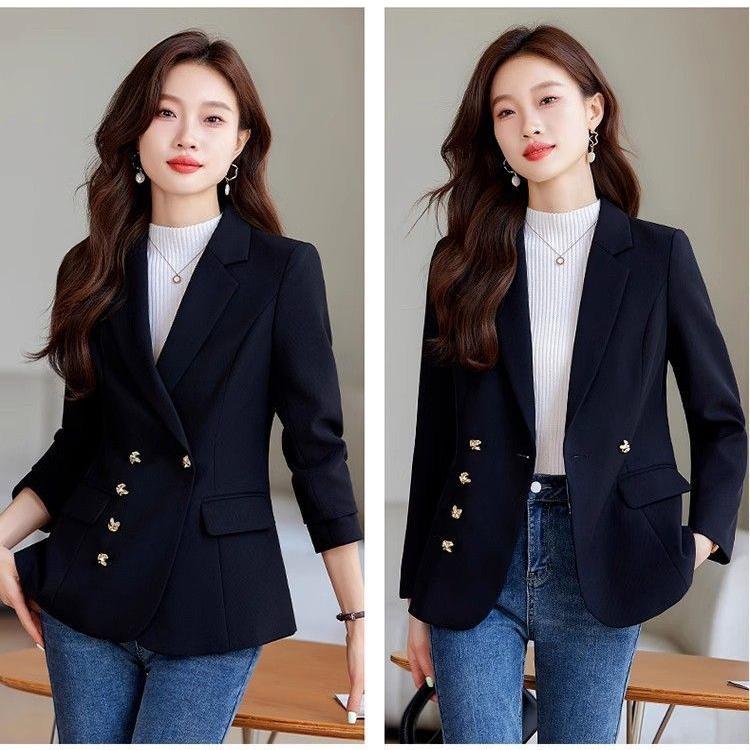 Damen Schwarz Zweireihiger Blazer Slim Mantel Frühling Herbst Business Formal Büro Anzugjacke Stilvolle Kleidung