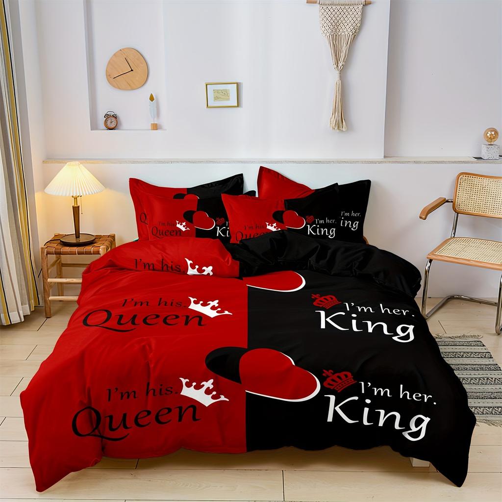 Comforter King Queen Black And Red Crown Design Comforter Soft Aesthetic Elegant Modern Bedding Set With 2 S
