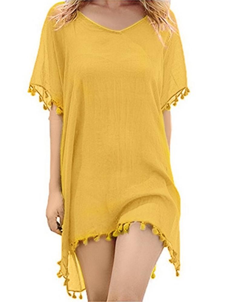 Women's Round-neck Loose Small Broom Fringed Chiffon Dress Beach Coverall Large Size Sexy in Stock