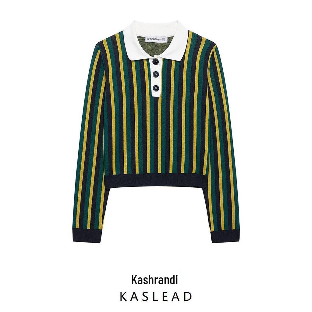 Spring 2025 Women's Striped Knit Sweater - European & American Style, Turn-Down Collar, Long Sleeve, Casual