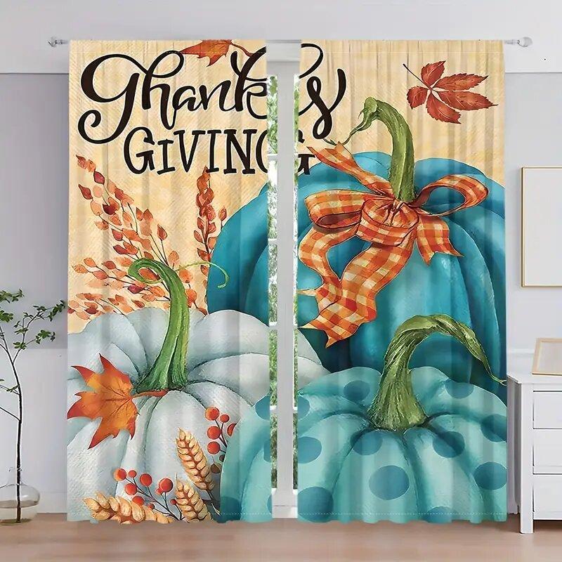 

Autumn Pumpkin Wheat Ear Pattern Printed Curtains Bedroom Living Room Home Decoration Curtain Polyester Perfect For Great W100*H70(CM)-Hooks&2PCS