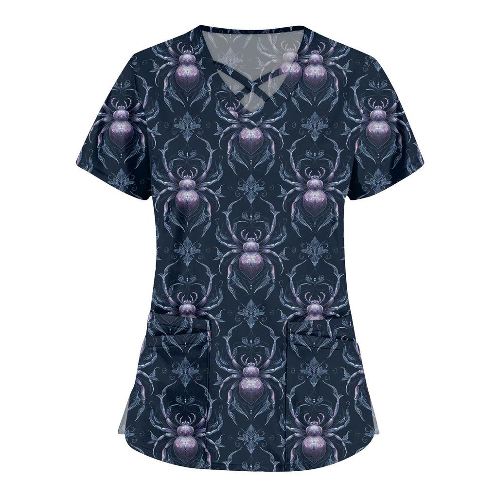 Women's Fashion Cross V Neck Short Sleeve Overalls Double Pockets Halloween Printed Tops Uniforms