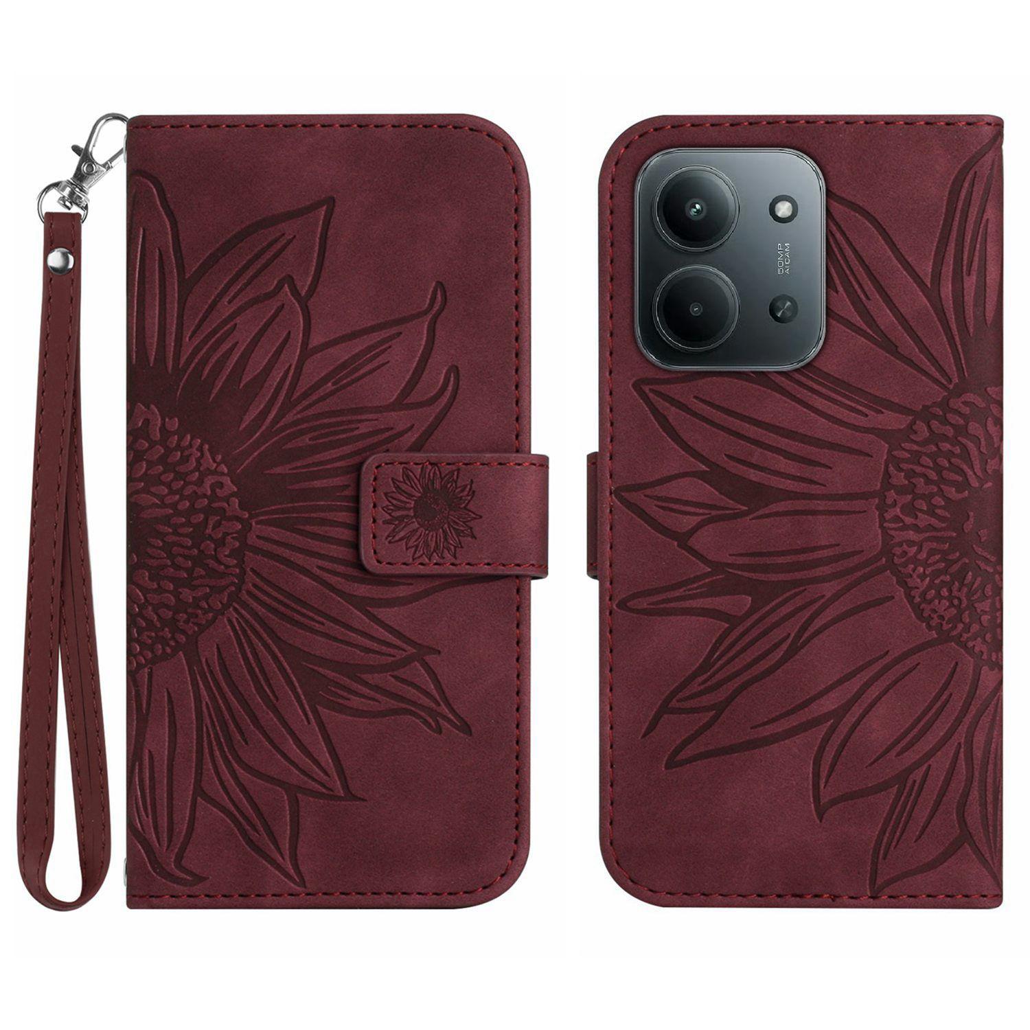 

Для Xiaomi Redmi 15C 4G (171 мм) Чехол Кожаный кошелек с подсолнухом и ремешком на запястье Wine Red