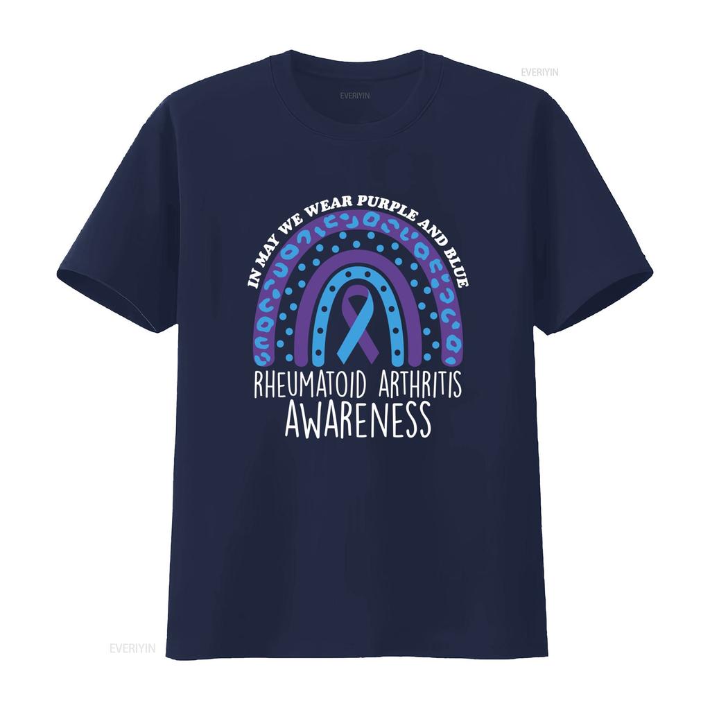 Casual Rheumatoid Arthritis Awareness Purple Blue Ribbon Rainbow Print T Shirt Vintage Stretched Top For Everyday Wear