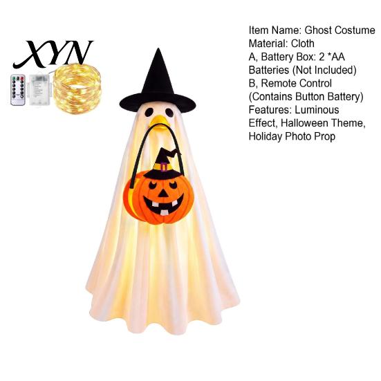 Costume Cosplay LED per Bambini Halloween Fantasma Luminoso con Cappello da Strega e Borsa a Zucca, Tessuto Luminoso per Vestiti Bambini, Festa Spettrale e Decorazione per Giardino