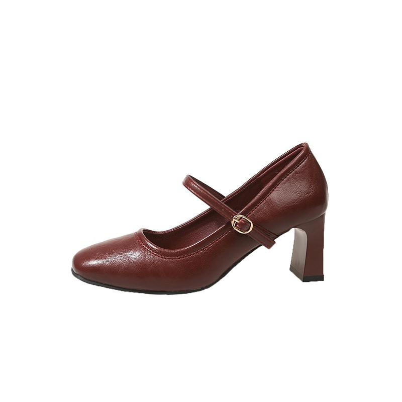 Soft Leather Block Heel Single Shoes Retro New Simple French Square Toe Shallow Mouth Strap Heels
