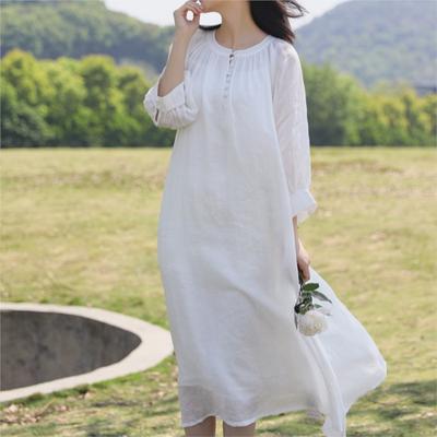 Kobieta Lato Vintage Długie Rękawy Sukienka A-Line O-Neck Łączenie Luźna Jednolity Kolor Casual Dress