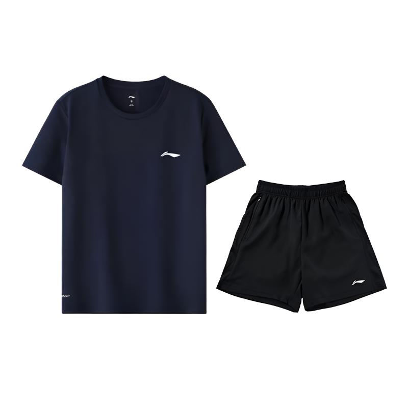 Li-Ning Summer Mens Short Sleeve Comfortable Breathable Skin-Friendly Sweat-Wicking Simple Fashion Versatile Casual Sports Suit ATSW821-3+YATV113-1