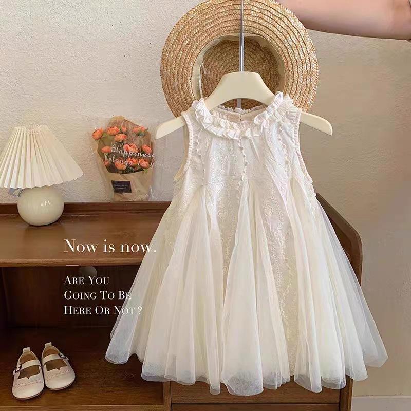 Cute Infant Girls Flower Collar Princess Dress Embroidered Floral Patchwork Mesh Summer Casual Party Dress 90cm