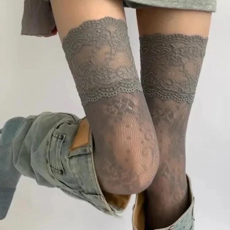 Y2k New Women Flower Lace Fishnet Thigh High Stockings Japanese Style JK Girl Sweet Lace Trim Frilly Over Knee Long Socks