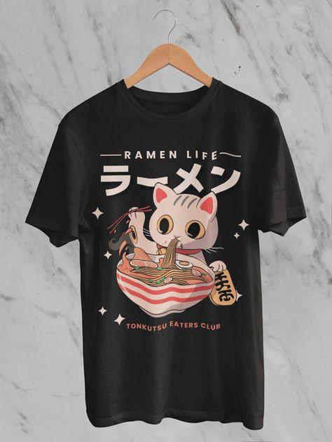 New Anime Cat Ramen Japanese Funny Graphic Tees Kawaii Cat Anime For Fans M