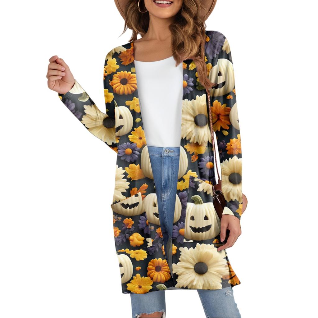 Women's Fashion Casual Comfortable Halloween Printed Mid-Length Cardigan With Pockets Jacket
