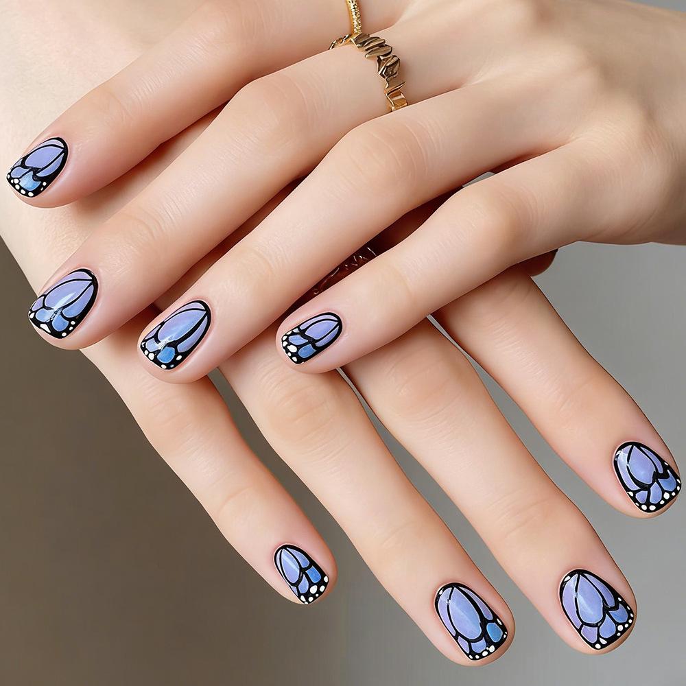 Spring/Summer Blue Butterfly Frosted False Nails - 24 Piece Set: Short, Square, Removable, Girly, Simple, and Cool.