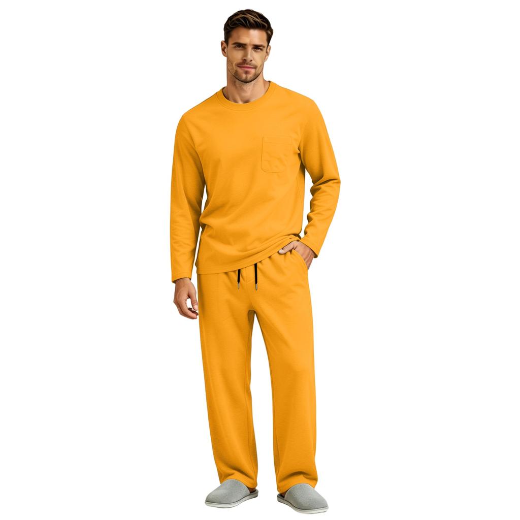 Men's Long Sleeve Pajama Set with Button Fly and Elastic Drawstring Waist for Sleep and